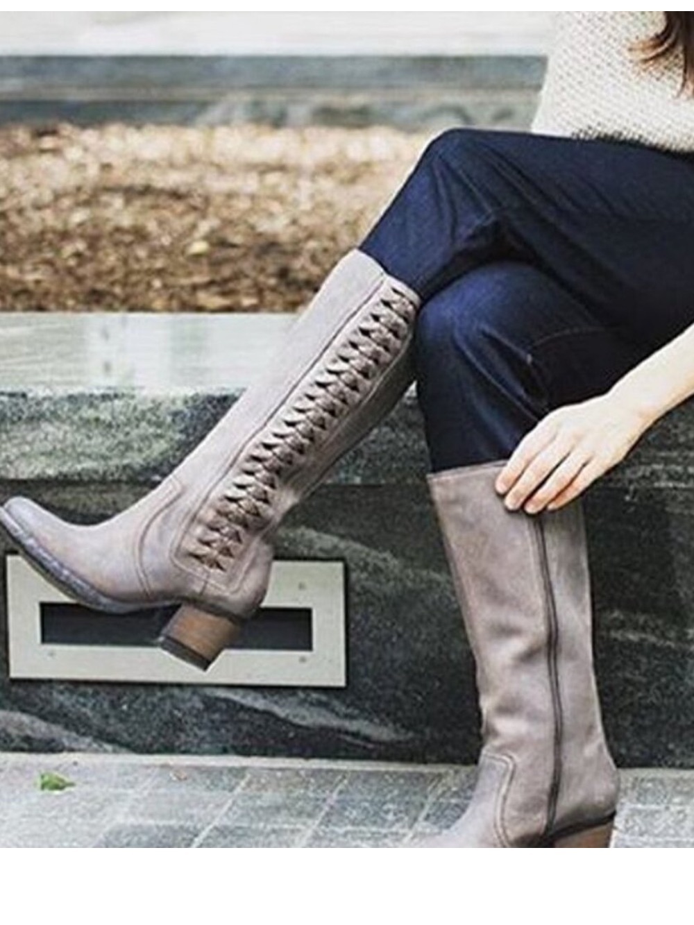 Born Opanka Taupe Leather Suede Woven Heeled Knee High Boots